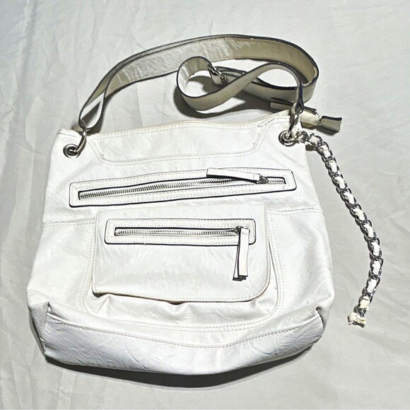 Bueno Handbags - BUENO Off White Faux Leather Crossbody Shoulder Bag Purse Pocket Chain Accent